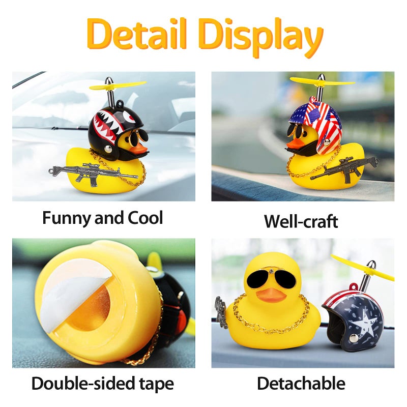 wonuu 3 Pack Car Rubber Duck Cute Yellow Wind-Breaking Ducks Dashboard Decorations Small Ornaments with Propellers Glasses Gold Chain (Yellow-Stars and Stripes&Flag&Shark) - Image 2